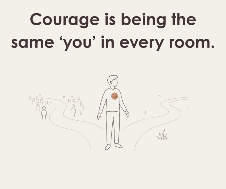 Person in minimalist line art standing at a crossroads, with a warm circle over their heart symbolizing inner courage and integrity.