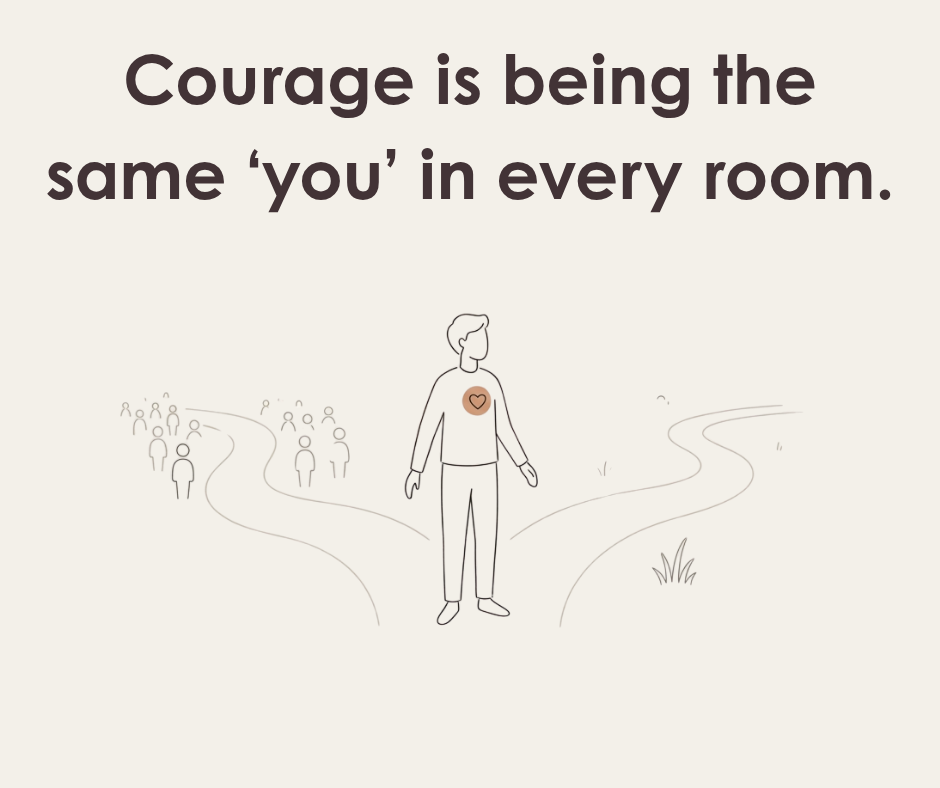 Person in minimalist line art standing at a crossroads, with a warm circle over their heart symbolizing inner courage and integrity.